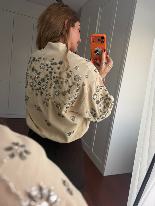 Kristal Taş İşlemeli Premium Bej Bomber Ceket