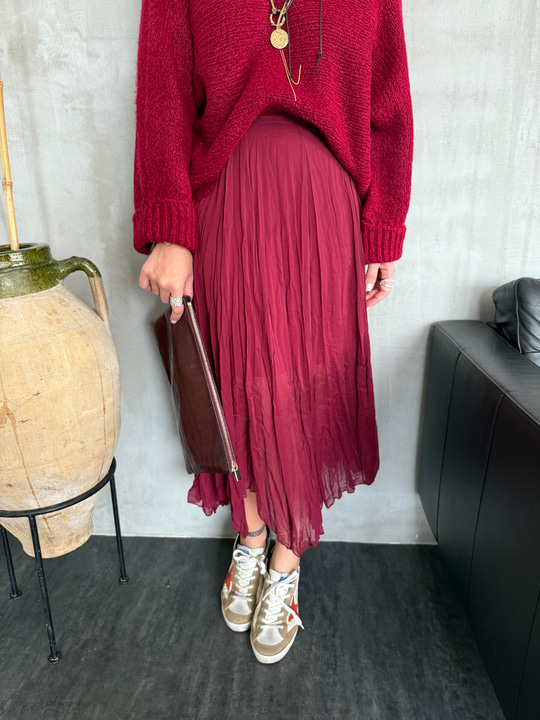 Buruşuk Model , İçi Astarlı , Bordo Midi Etek