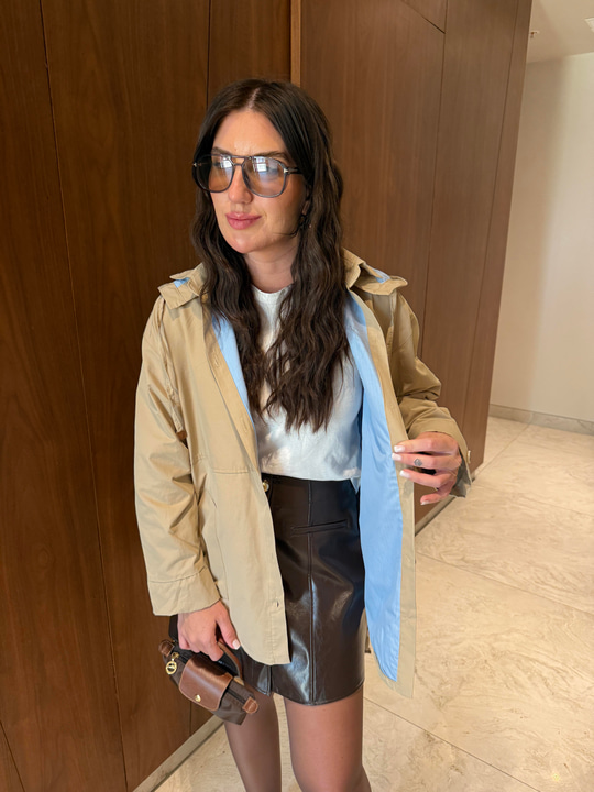 Orijinal Model , Deri Detaylı , Bej & Bebe Mavisi , Kapüşonlu Ceket