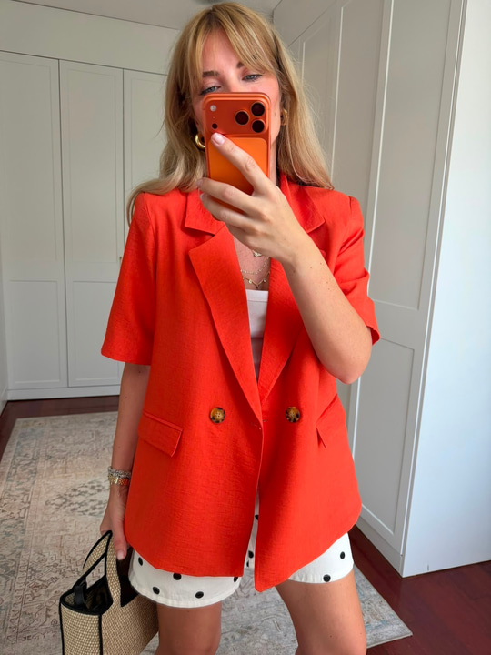 Tencel Dokuda , Kısa Kollu , Premium Turuncu Blazer Ceket