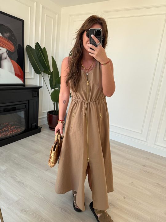 Orijinal Model , Önden Fermuarlı , Beli Ayarlamalı , Camel Elbise