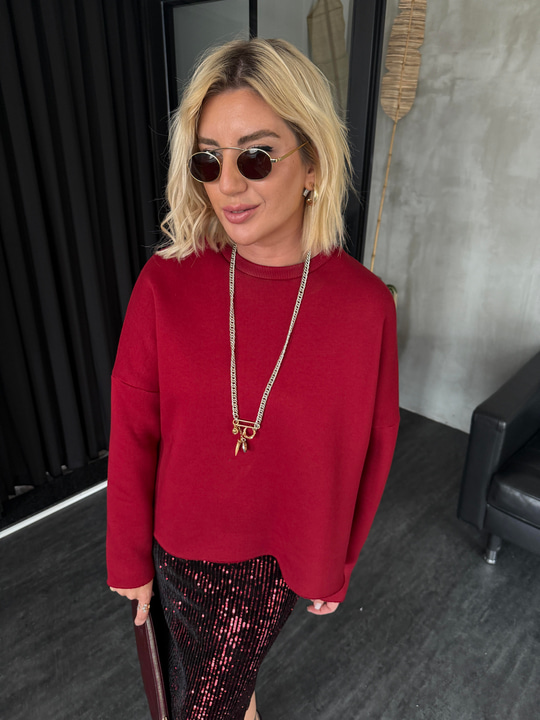 Yanı Yırtmaçlı , İçi Şardonlu , Bordo Sweatshirt