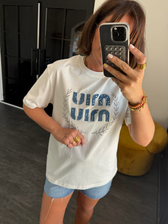 Taşlı , Marka Yazılı , Beyaz T-shirt