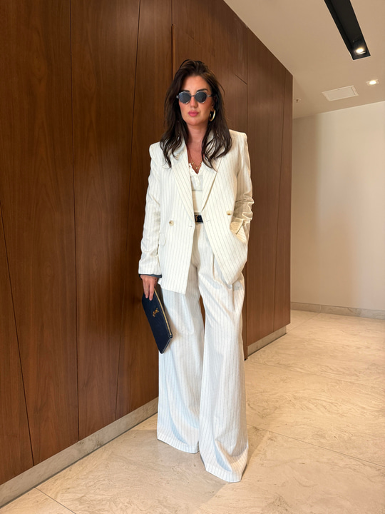 %100 Keten , Lacivert Çizgili , Blazer & Pantolon Takım