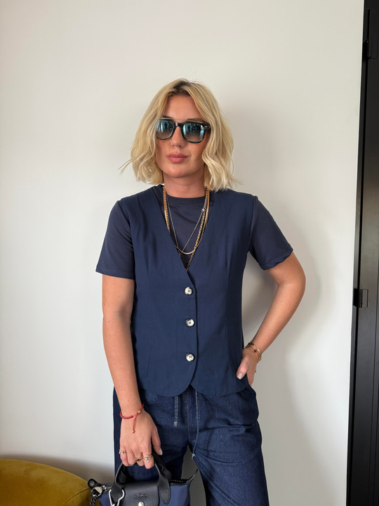 Lacivert , Gabardin Yelekli , Tasarım Bluz