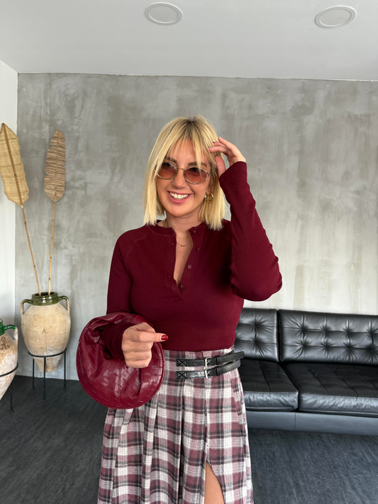Önden Yarım Düğmeli , Bordo Body