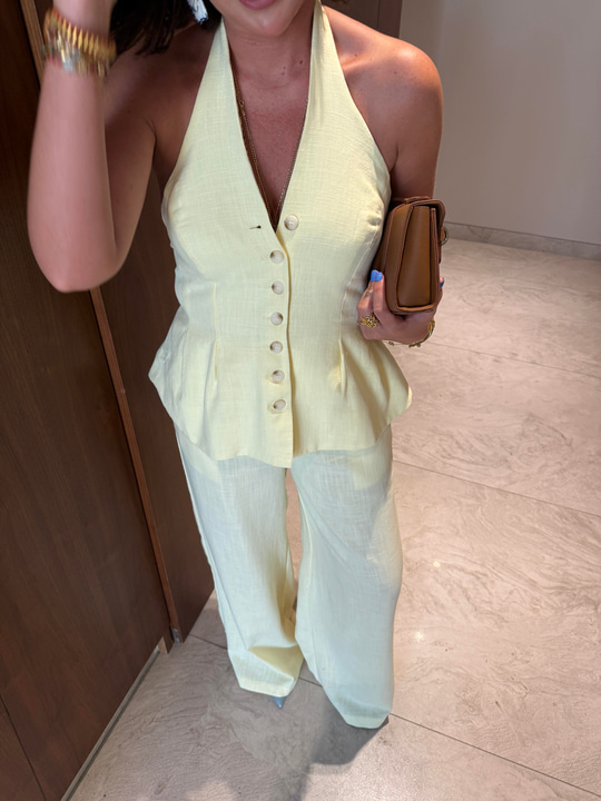 Boyundan Bağlamalı , Premium , Sarı , Pamuk Keten Takım