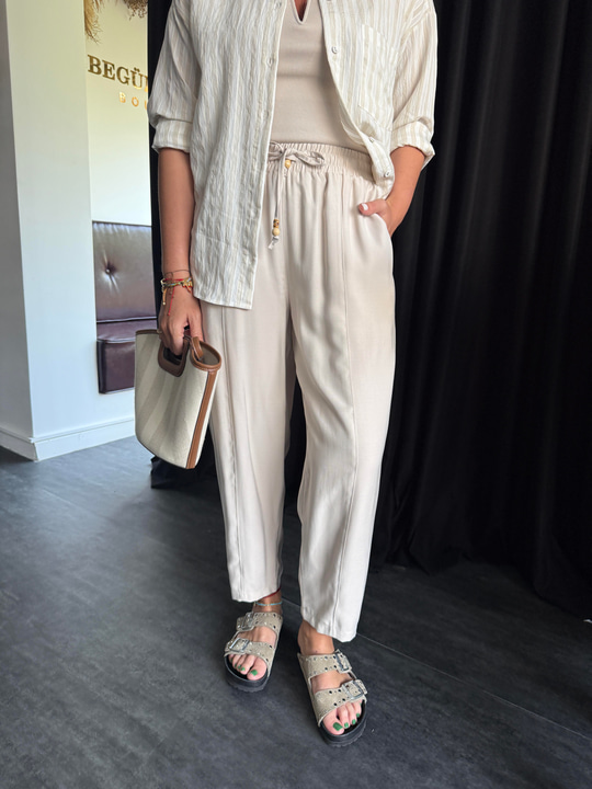 Beli Lastikli , Binici Model , Bej , Tencel Pantolon