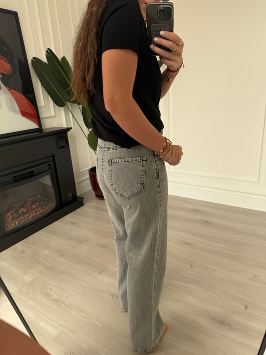 Önü Komple Taşlı Füme Jean Pantolon