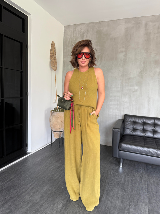 %100 Cotton , Yağ Yeşili , Premium , Keten Takım
