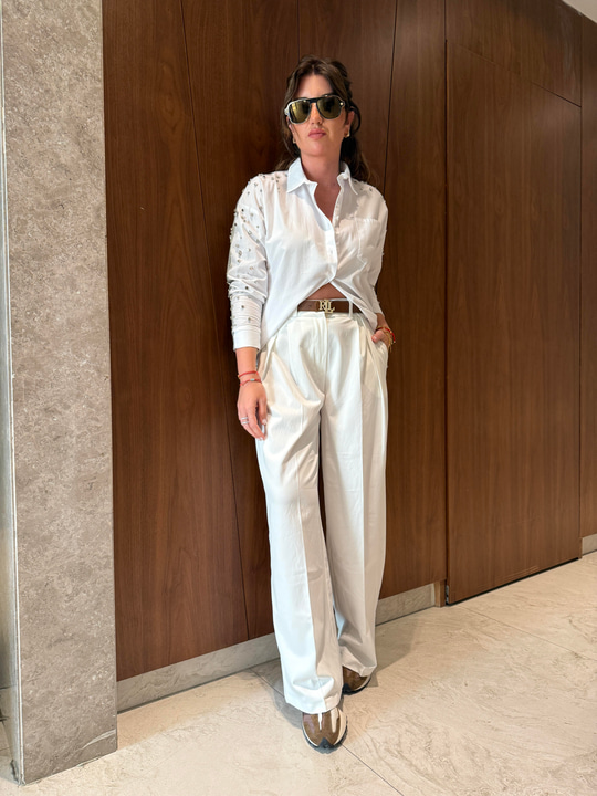 Düğme Detaylı Beyaz Premium Palazzo Pantolon