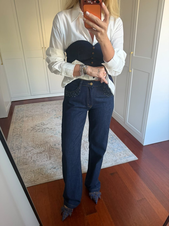 Cebi Taş İşlemeli , Koyu Lacivert , Tencel Jean Pantolon