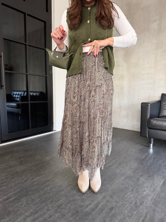 Beli Lastikli , Haki & Kahve Desenli, Asimetrik Kesim Etek