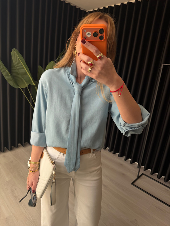 Mavi Kravatlı Premium Tencel Jean Gömlek