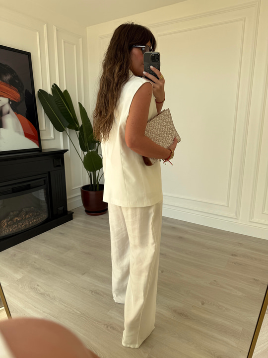 Blazer Yelek & Pantolonlu , Ekru Premium Takım