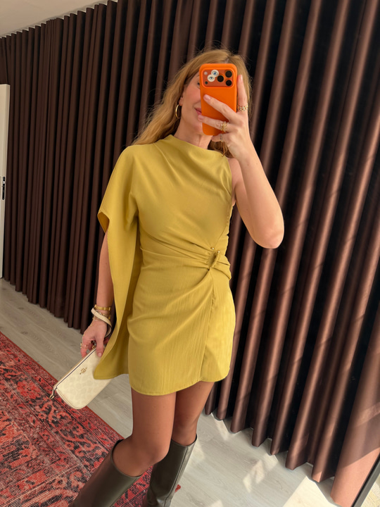 Orijinal Model , Asimetrik , Kısa Kollu , Yağ Yeşili Pelerin Elbise