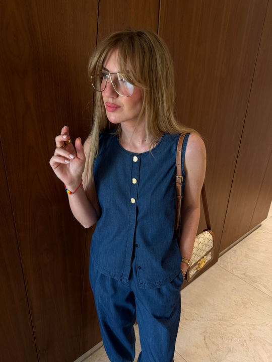 %100 Cotton Tencel , Baggy Pantolon & Yelek Bluz Jean Takım