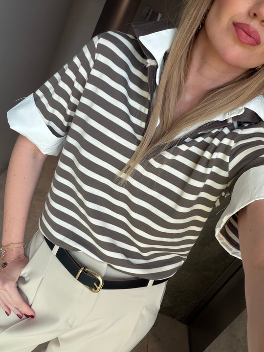 Vizon Çizgili, Poplin Detaylı Polo Yaka Modal Bluz