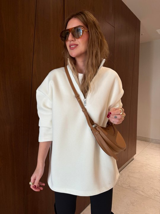 Yarım Fermuarlı , Yumuşacık , Ekru Sweatshirt