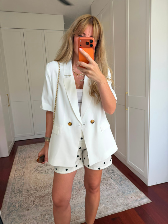 Tencel Dokuda , Kısa Kollu , Premium Beyaz Blazer Ceket