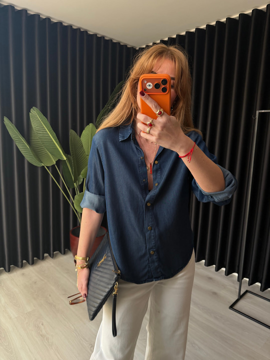 Lacivert Kravatlı Premium Tencel Jean Gömlek