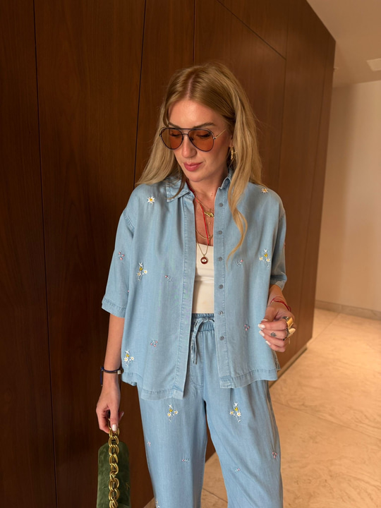 Çiçek Nakışlı , Beli Lastikli , Tencel Jean Takım
