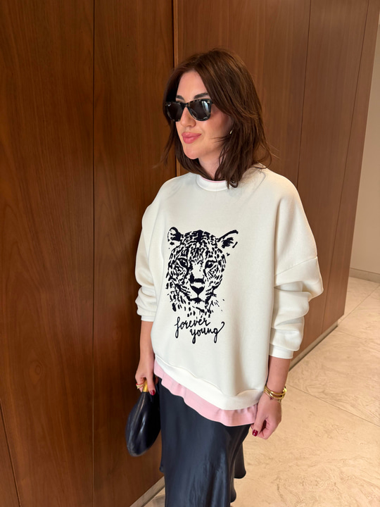T-shirt Detaylı , Leopar Desenli , Ekru Sweatshirt