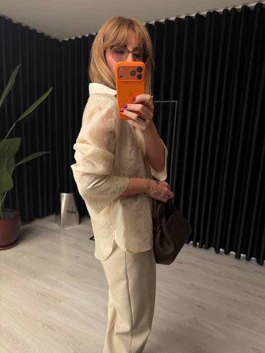 Bej Dantel Nakışlı Premium Tencel Gömlek