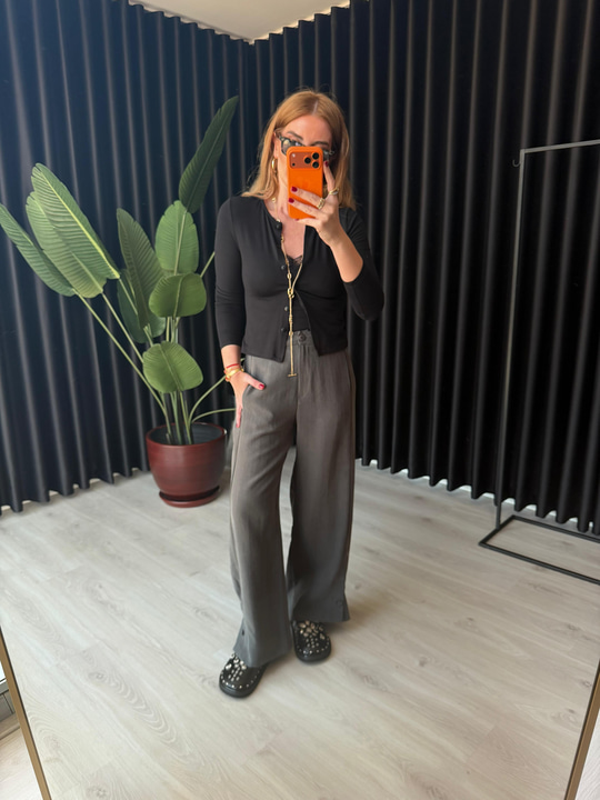 Antrasit Premium Tok Tencel Kumaş, Paçası Düğme Detaylı Pantalon 