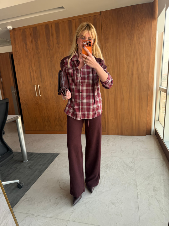 Orijinal Model, Bordo Ekoseli, Taş Detaylı Premium Gömlek & Pantalon Takım