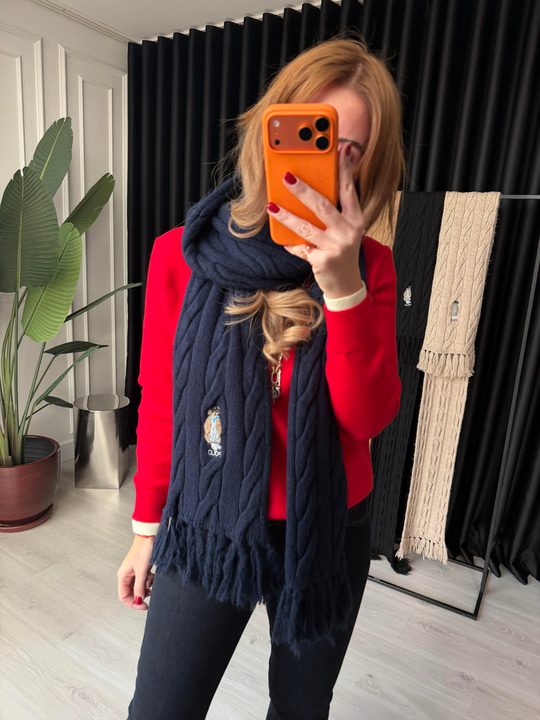Orijinal Model Teddy İşlemeli Lacivert Atkı