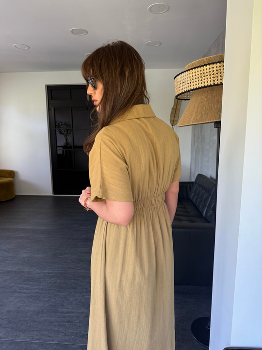 Belden Lastikli , Önden Düğmeli , Yağ Yeşili , Premium Pamuklu Elbise