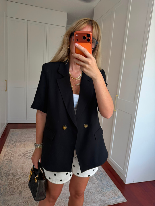 Tencel Dokuda , Kısa Kollu , Premium Siyah Blazer Ceket