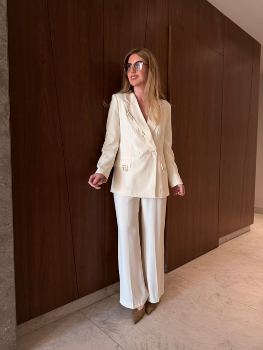 Arka Beli Lastikli , Ekru , Krep Palazzo