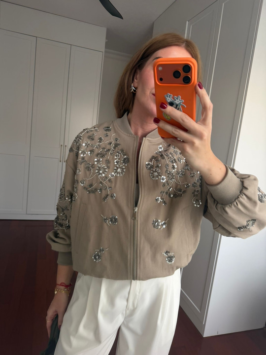 Kristal Taş İşlemeli Premium Vizon Bomber Ceket