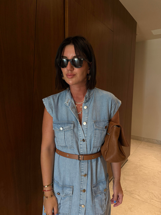 Önden Cepli , Taba Kemerli , Tencel Jean , Gömlek Elbise