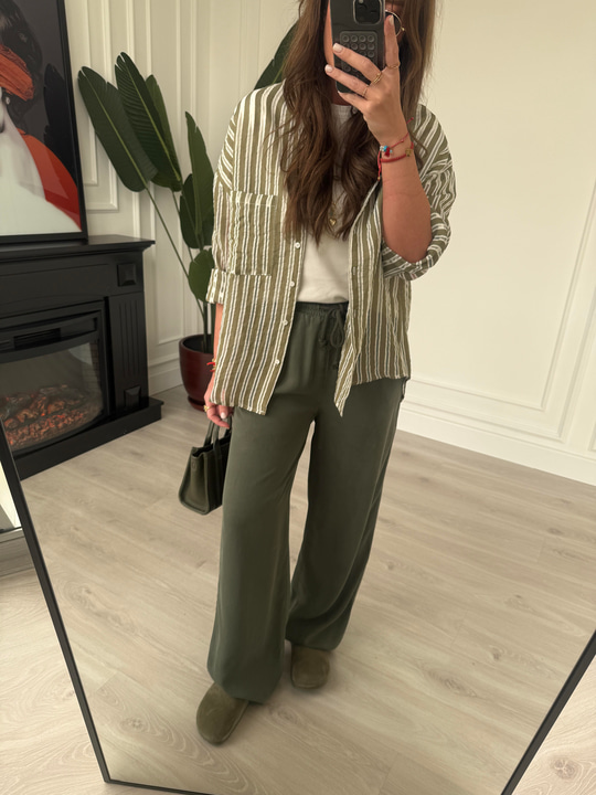 Haki, Beli Lastikli, Gabardin Tencel Premium Palazzo Pantolon