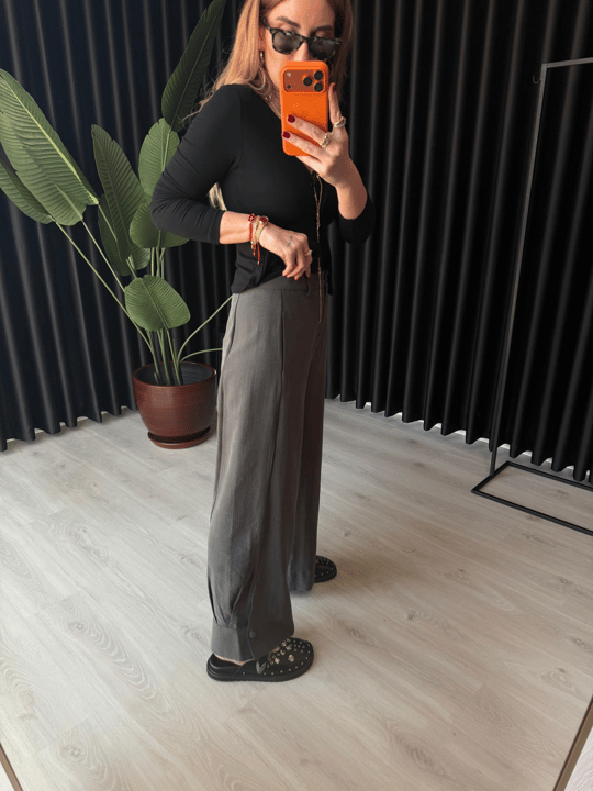Antrasit Premium Tok Tencel Kumaş, Paçası Düğme Detaylı Pantalon 
