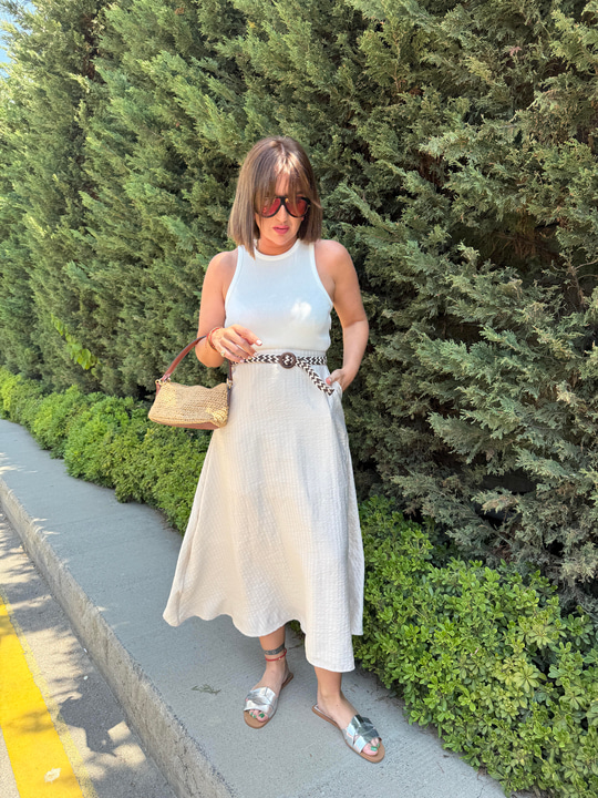Hasır Kemerli , İçi Astarlı , Premium Bej & Beyaz Mix Elbise