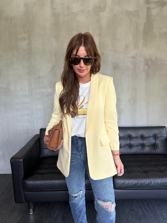 Orijinal Model , Kolu Büzgülü , Likralı , Sarı Blazer Ceket
