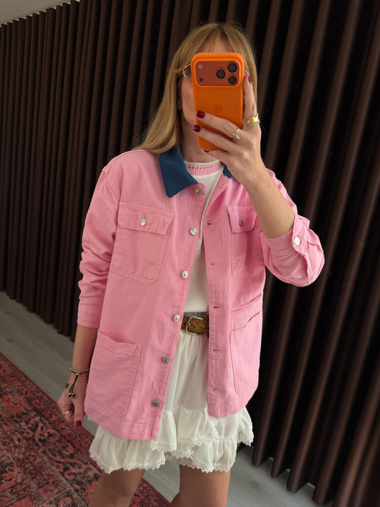 Mavi Yakalı , Pembe , Yumuşacık Tencel Jean Ceket