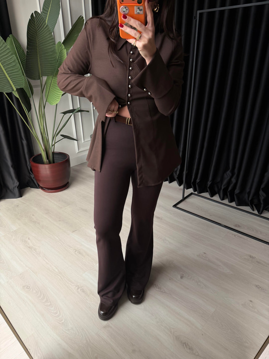 Acıkahve , Beli Lastikli , Süet Kemerli , Likralı Çelik Örme , Tayt Pantolon