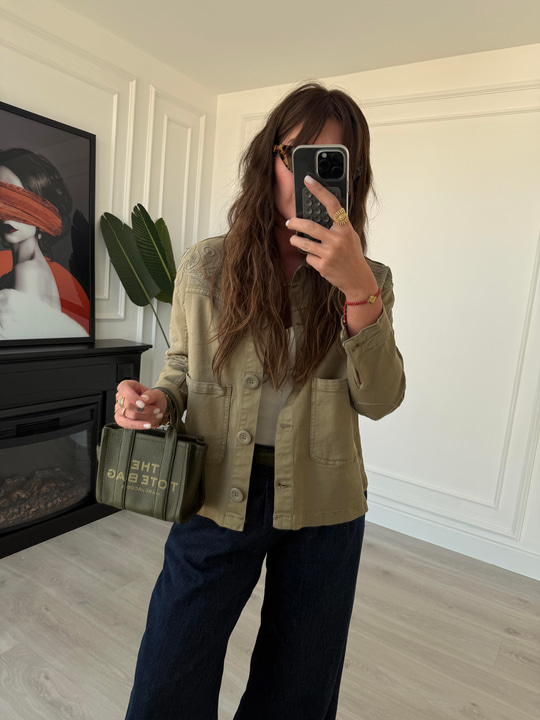 Nakışlı, Haki Likralı Jean Ceket