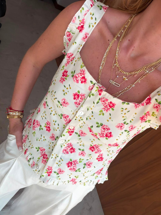 Halter Yaka , Çiçekli Ekru Bluz