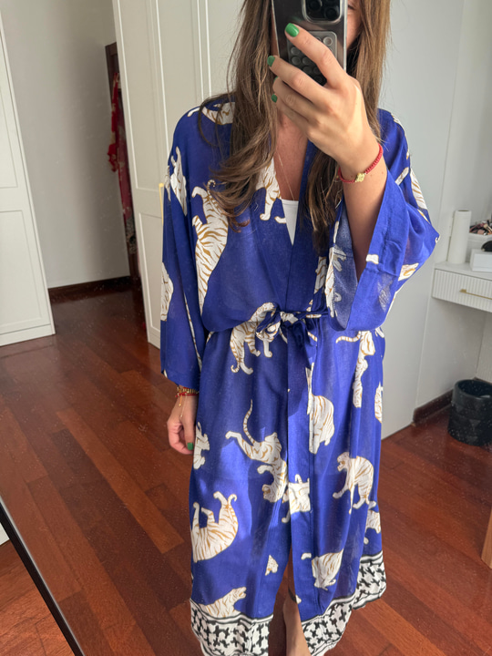%100 Pamuk , Kaplan Desenli , Mavi Kimono