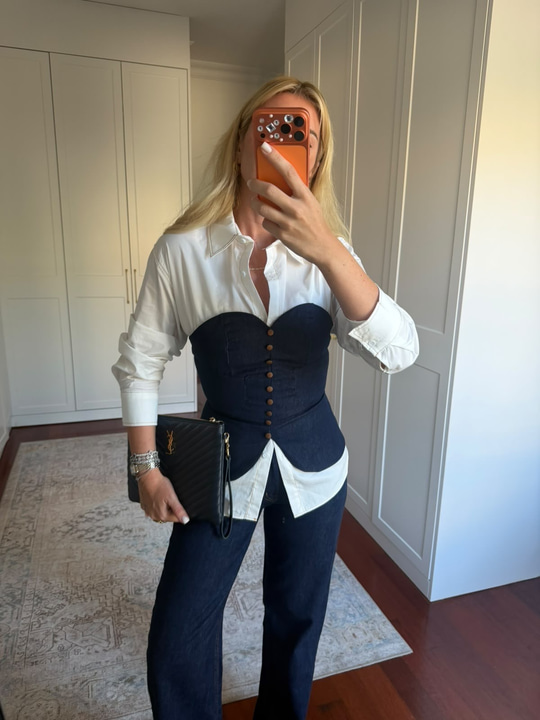 Premium , Düğmeli Jean Büstiyer & Poplin Gömlek Takım