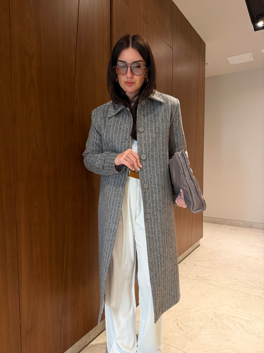 Orijinal Marka , Çizgili , Gri Kaşe Kaban