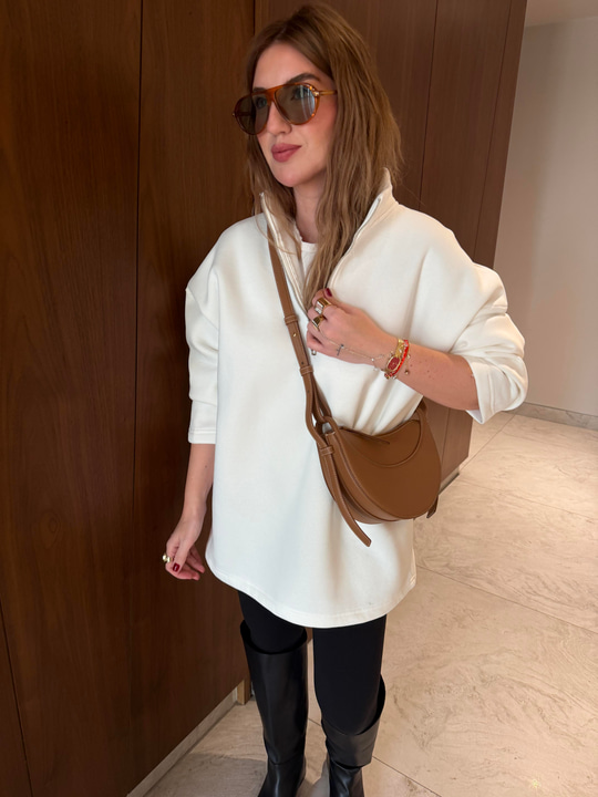 Yarım Fermuarlı , Yumuşacık , Ekru Sweatshirt