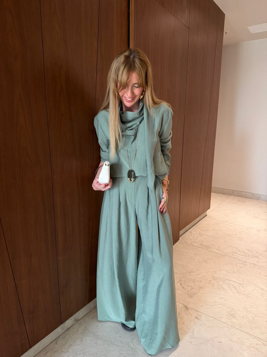 Nil Yeşili , Orijinal Model Fular Yakalı Gömlek & Pantalon Premium Tencel Takım