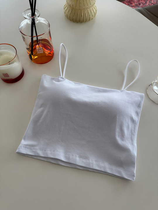 İçi Pedli , Likralı , İnce Askılı , Ekru Crop Bluz